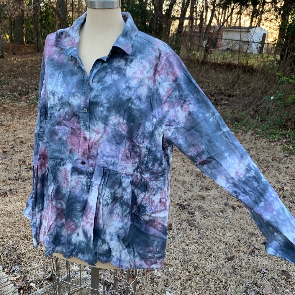 Tie Dye Ruffle Half Button-Up - Picture 3 of 16